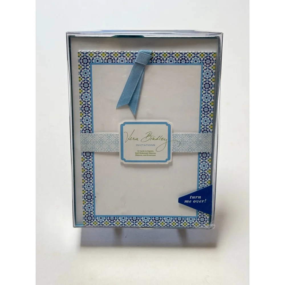 VERA BRADLEY Invitations CAPRI BLUE 12 Blank Quilt Embossed Sleeves Ribbons